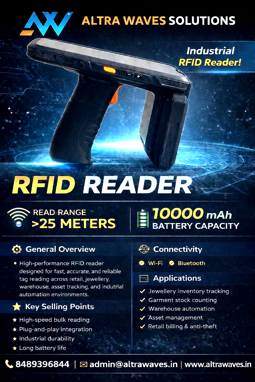 Industrial RFID handheld reader with long-range scanning and 10000 mAh battery by Altra Waves Solutions